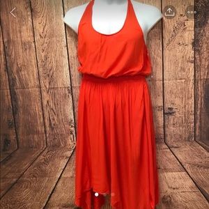 Sexy Coral dress scoop neck open back uneven hem
